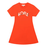 Michael Kors – Orangefarbenes Kleid mit Logo-Print und Rundhalsausschnitt sowie halblangen Ärmeln für Mädchen