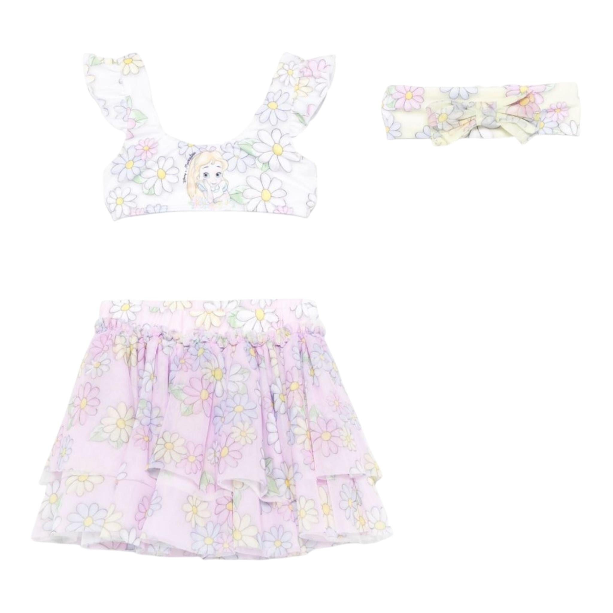 Monnalisa Set 3 Pezzi Costume-Gonna-Fascia Tinta Unita con Stampa per Neonata 39E048 BIANCO MONNALISA 