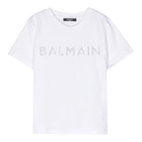 Balmain Einfarbiges T-Shirt mit Rundhalsausschnitt und Glitzer-Print in Weiß für Mädchen