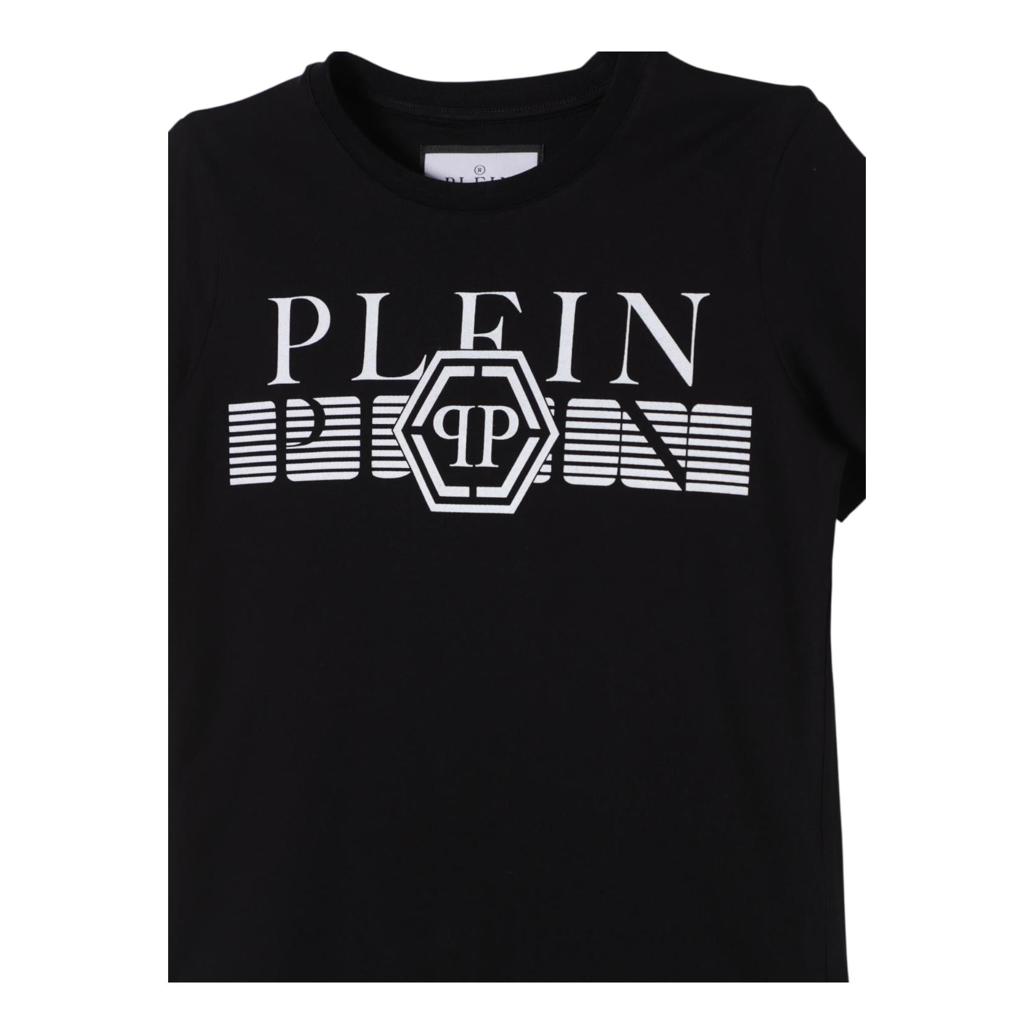 PHILIPPE PLEIN t-shirt girocollo tinta unita con stampa logo Nero per Bambino BTK1265 NERO PHILIPPE PLEIN 