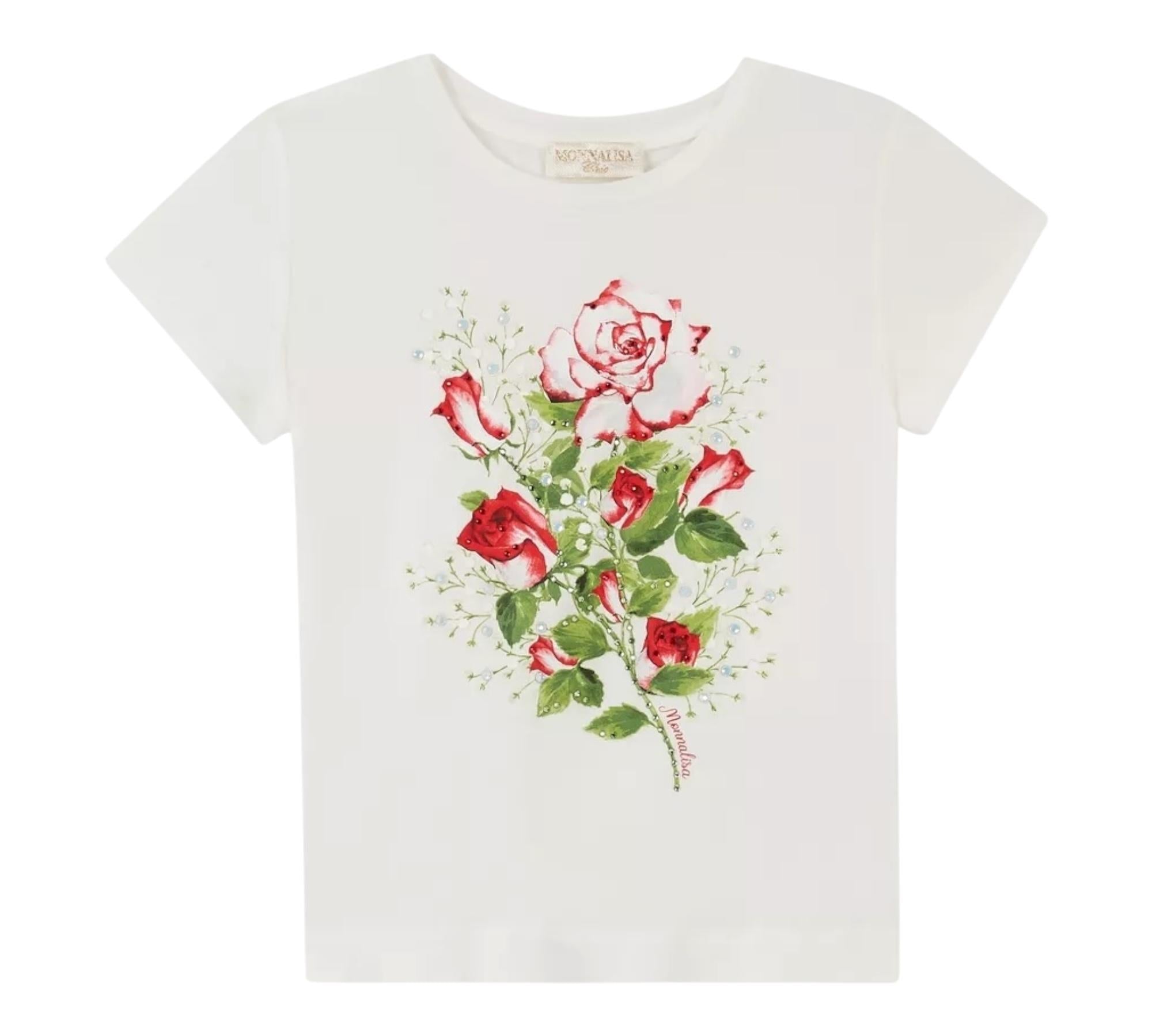 Monnalisa T-Shirt Girocollo Tinta Unita con Stampa Fiori per Bambina 717604S9 PANNA MONNALISA 