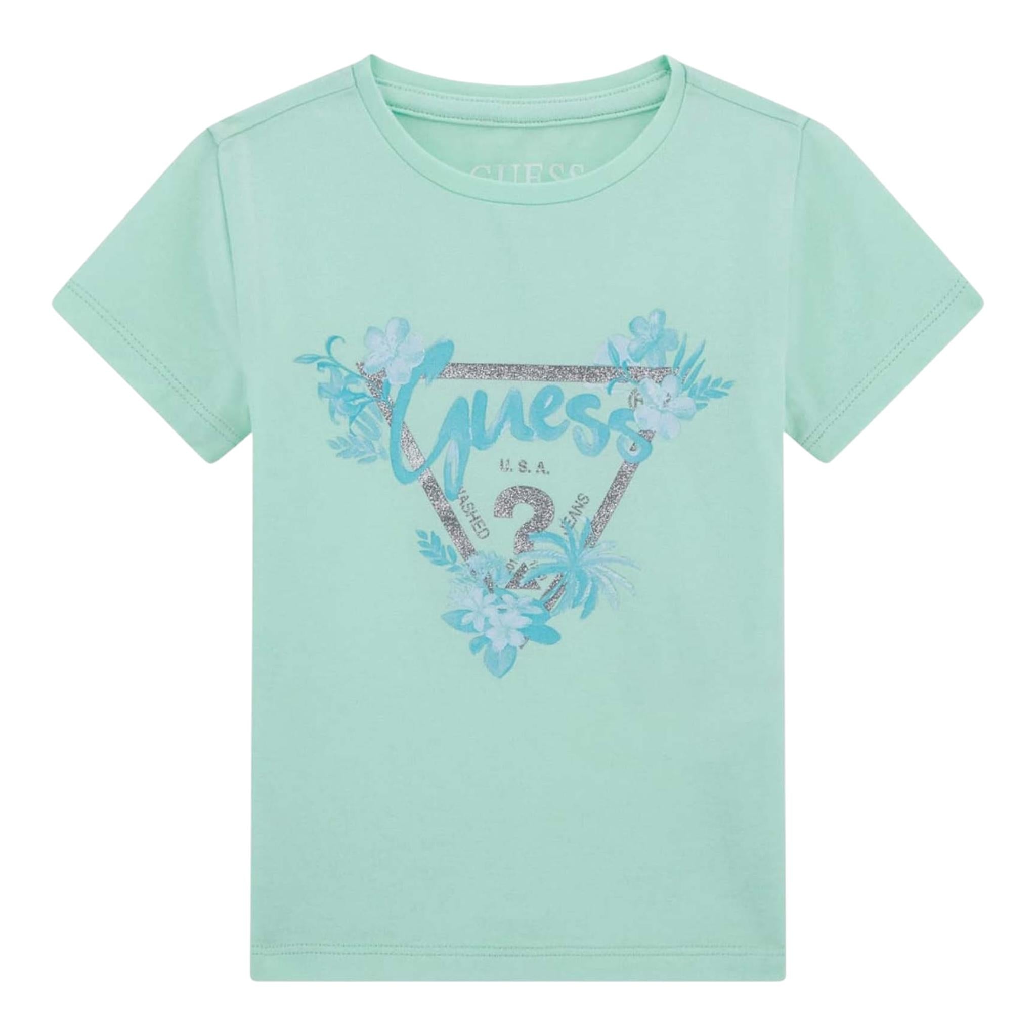 Guess T-Shirt Girocollo Tinta Unita con Stampa per Neonata K5GI14K6YW4N VERDE ACQUA GUESS 