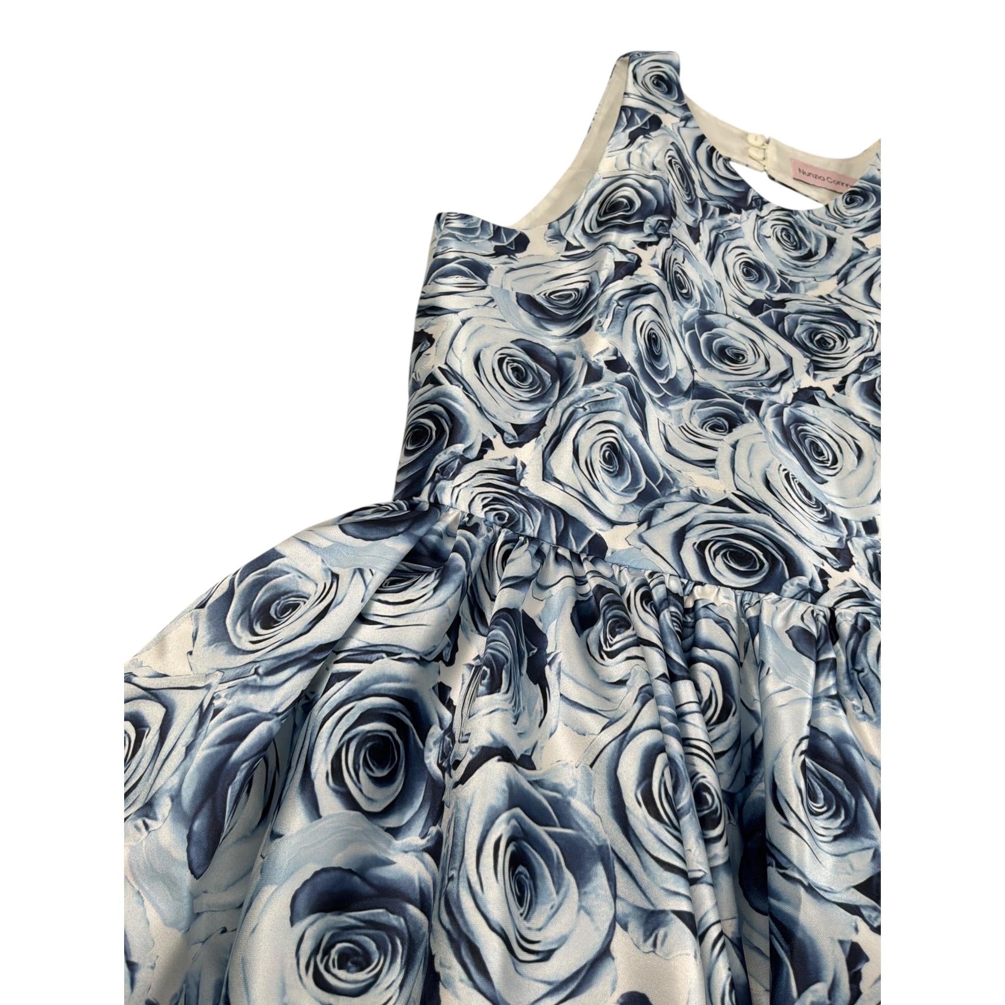 Nunzia Corinna Abito Giromanica tinta unita con Stampe Rose Blu per Bambina NJ2015961 BLU NUNZIA CORINNA 