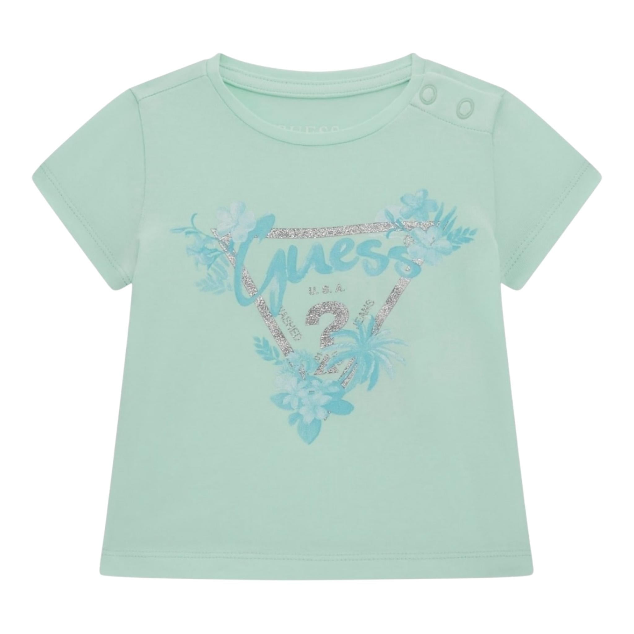 Guess T-Shirt Girocollo Tinta Unita con Stampa per Neonata A5GI03K6YW4 VERDE ACQUA GUESS 