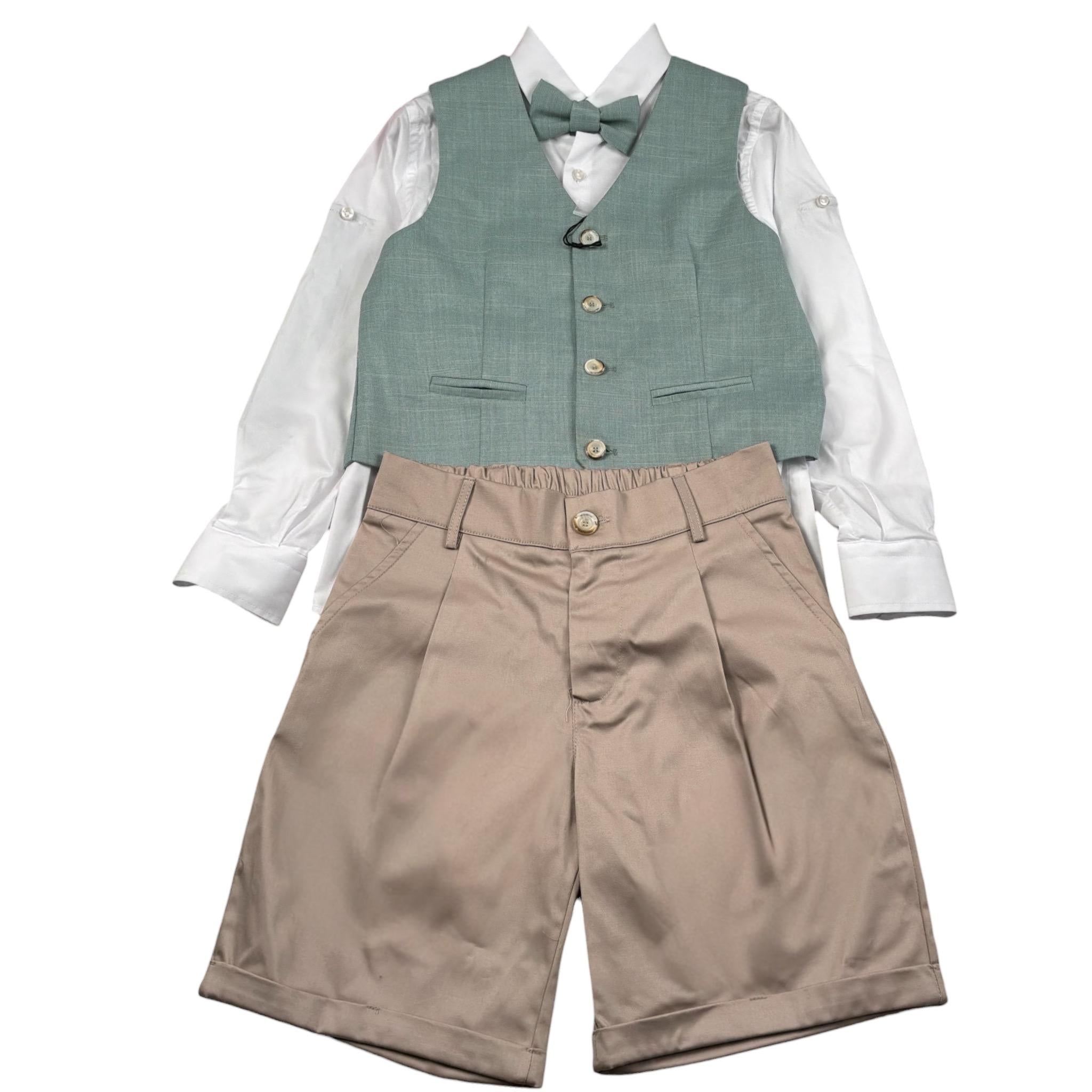 Never Too Completo 4 Pezzi Camicia-Papillon-Gilet-Bermuda Verde per Bambino GM2231B VERDE NEVER TOO 