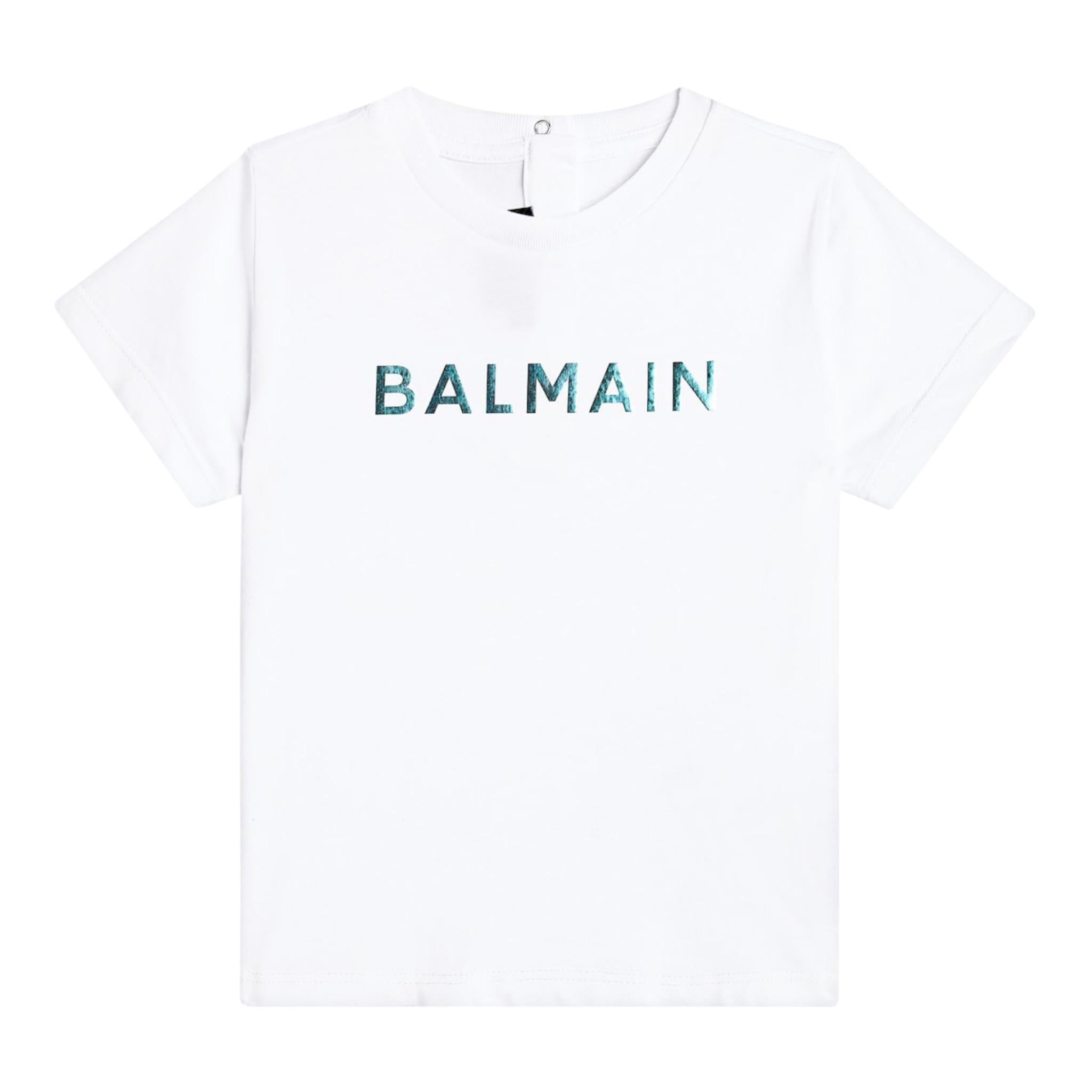 Balmain Maxi T-Shirt Girocollo Tinta Unita con Stampa per Bambina BS8A41 BIANCO BALMAIN 