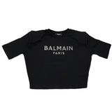 Balmain Einfarbiges Crop-T-Shirt mit Rundhalsausschnitt und Glitzer-Print Schwarz für Mädchen