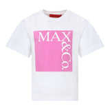 Max&amp;Co. Einfarbiges T-Shirt mit Rundhalsausschnitt und Kontrastdruck in Weiß/Rosa für Mädchen