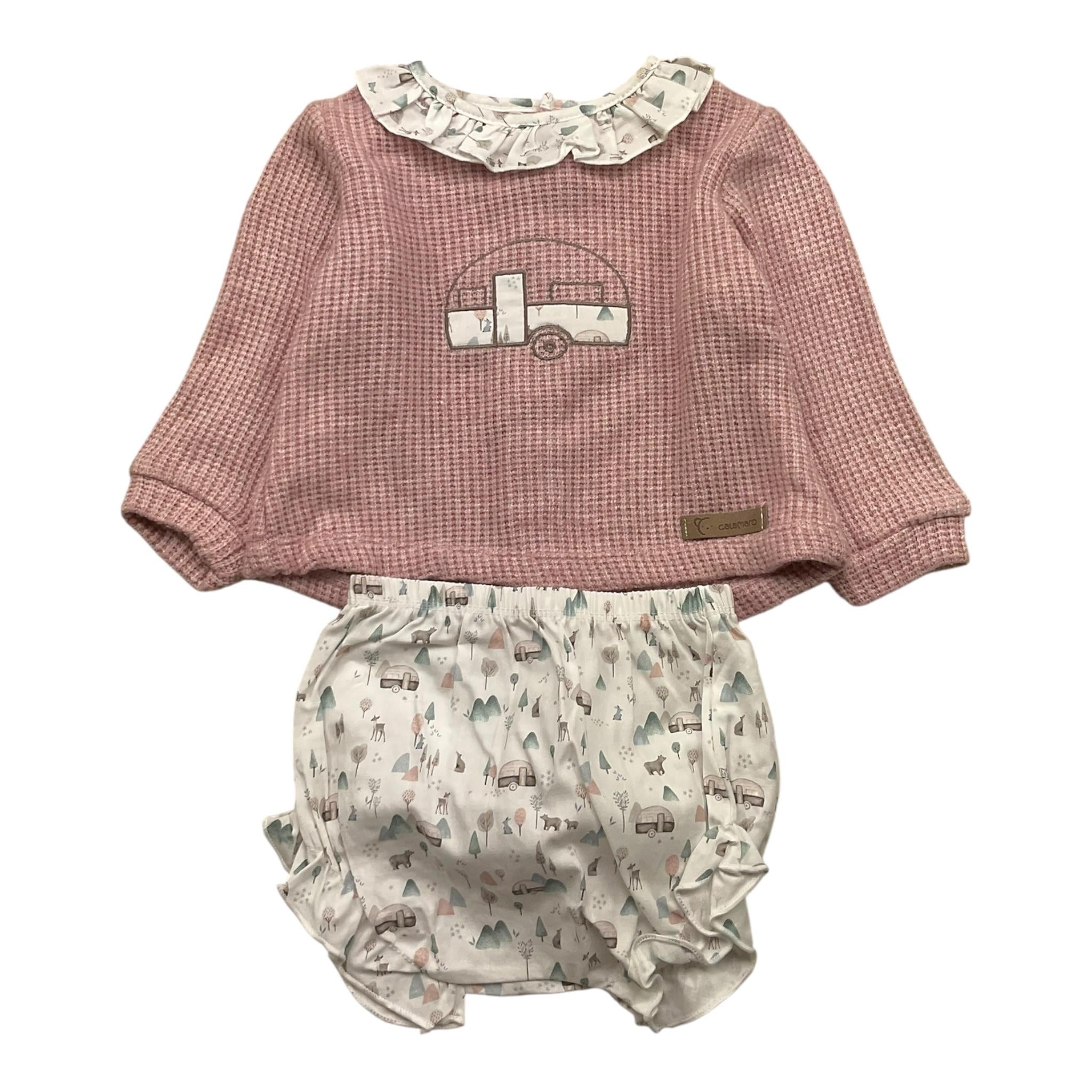 CALAMARO completo 2pz maglia-coulotte bicolore con colletto in contrasto Rosa per Neonata 17868 ROSA CALAMARO 