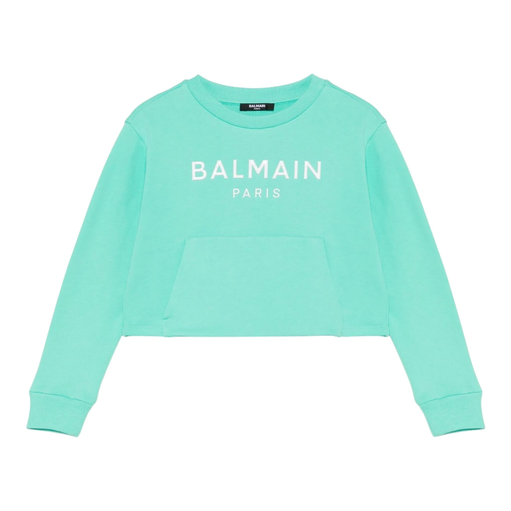 Balmain Felpa Tinta Unita Girocollo con Logo per Bambina BW4A70 VERDE ACQUA BALMAIN 