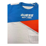 Guess Tricolor T-Shirt mit Rundhalsausschnitt und hellblauem Aufdruck für Neugeborene