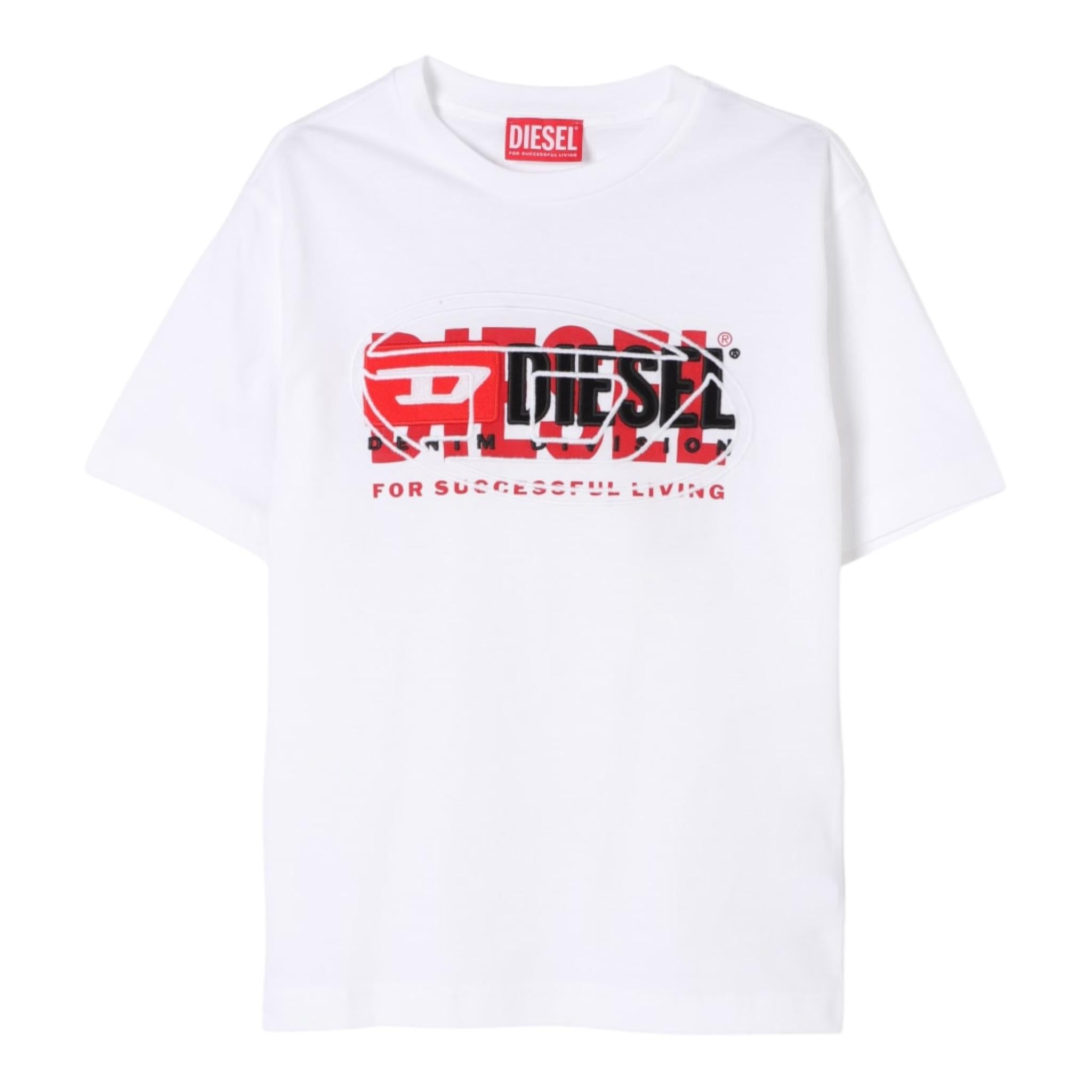Diesel T-Shirt Girocollo Tinta Unita con Logo per Bambino J02251 BIANCO DIESEL 