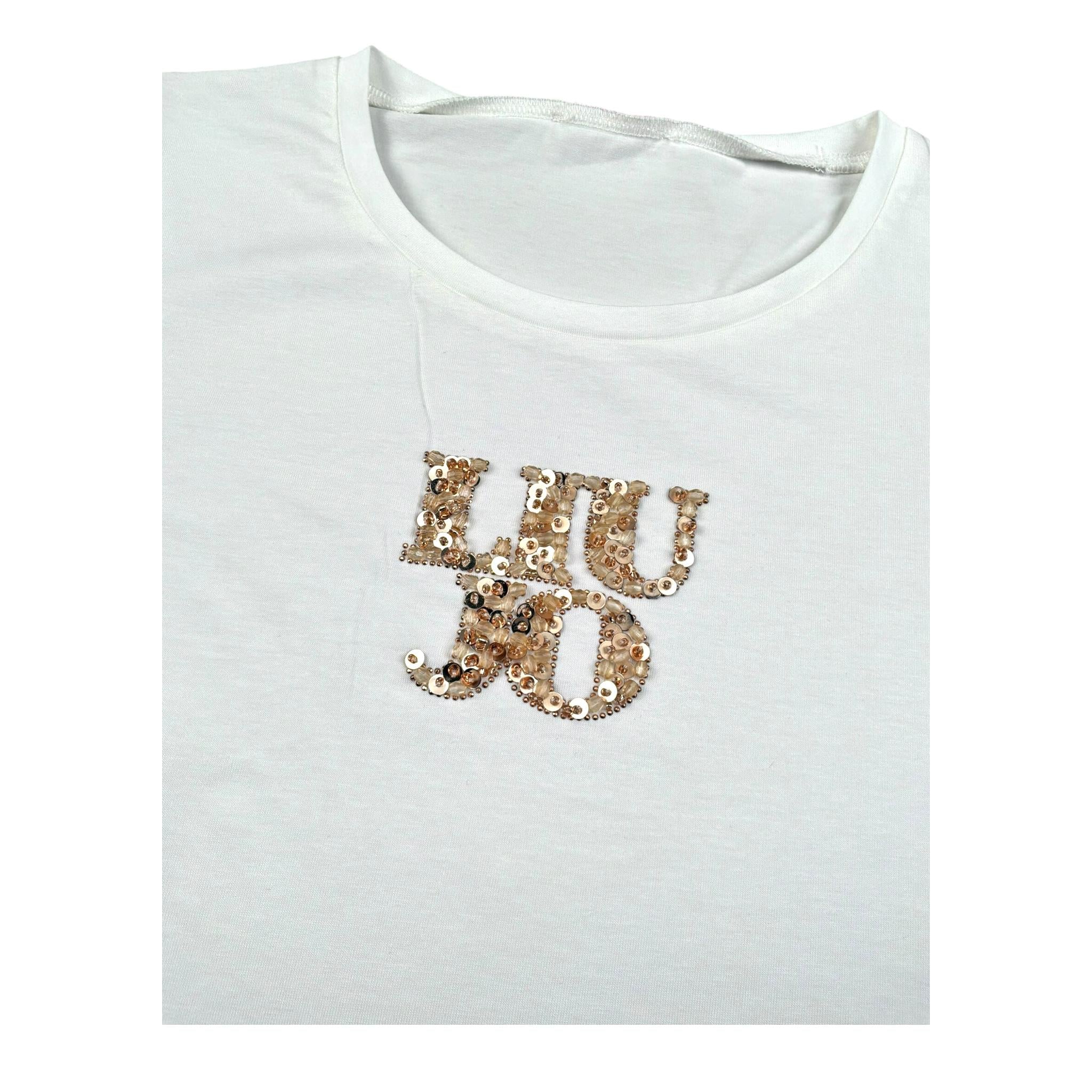 Liu Jo T-Shirt Girocollo Tinta Unita con Paillettes per Bambina GA5018XXXX PANNA/ORO LIU JO 