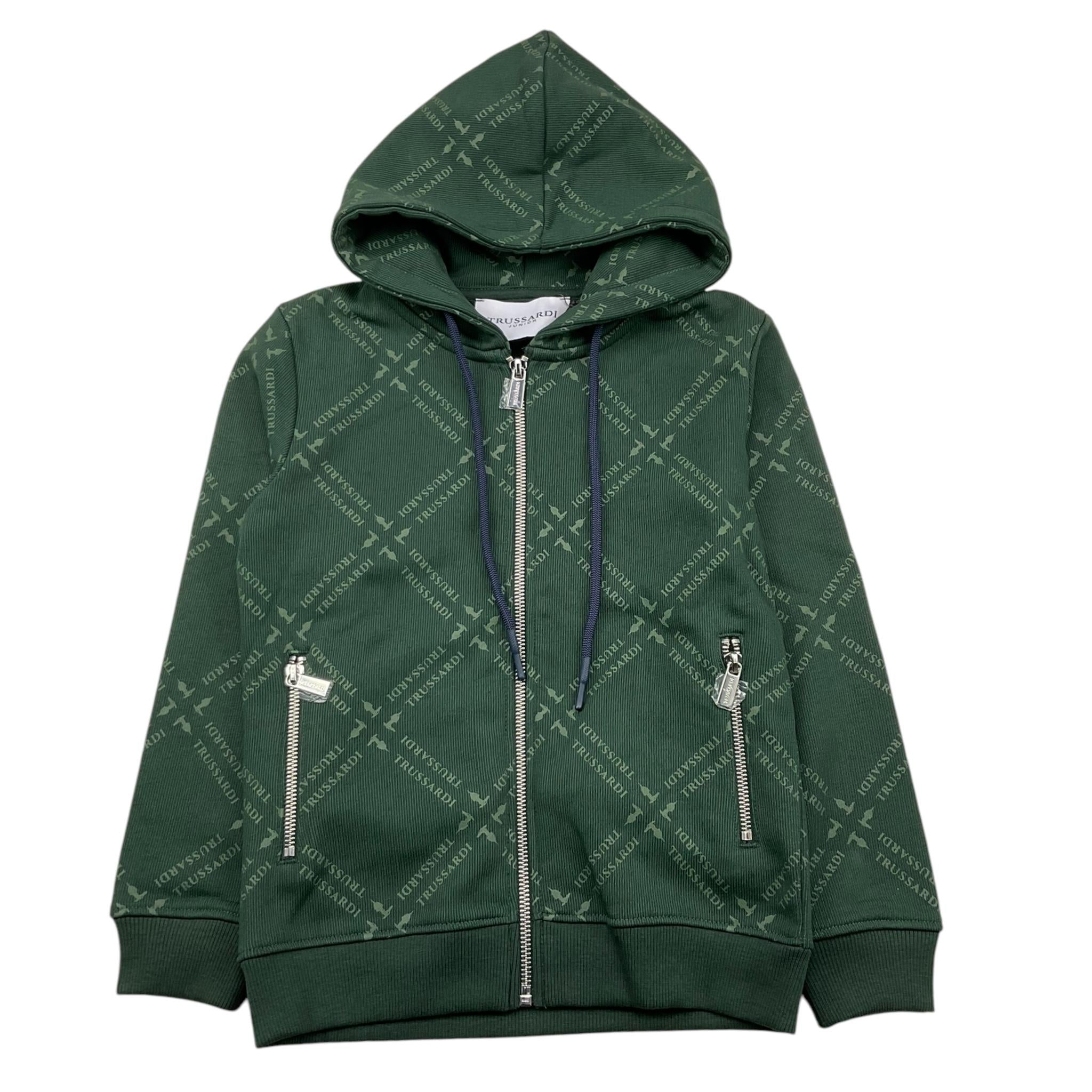 TRUSSARDI felpa con zip e cappuccio tinta unita cn stampe logo Verde per Bambino TBA25093FE VERDE TRUSSARDI 