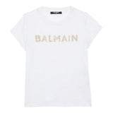 Balmain Einfarbiges T-Shirt mit Rundhalsausschnitt und Glitzer-Print in Weiß für Mädchen