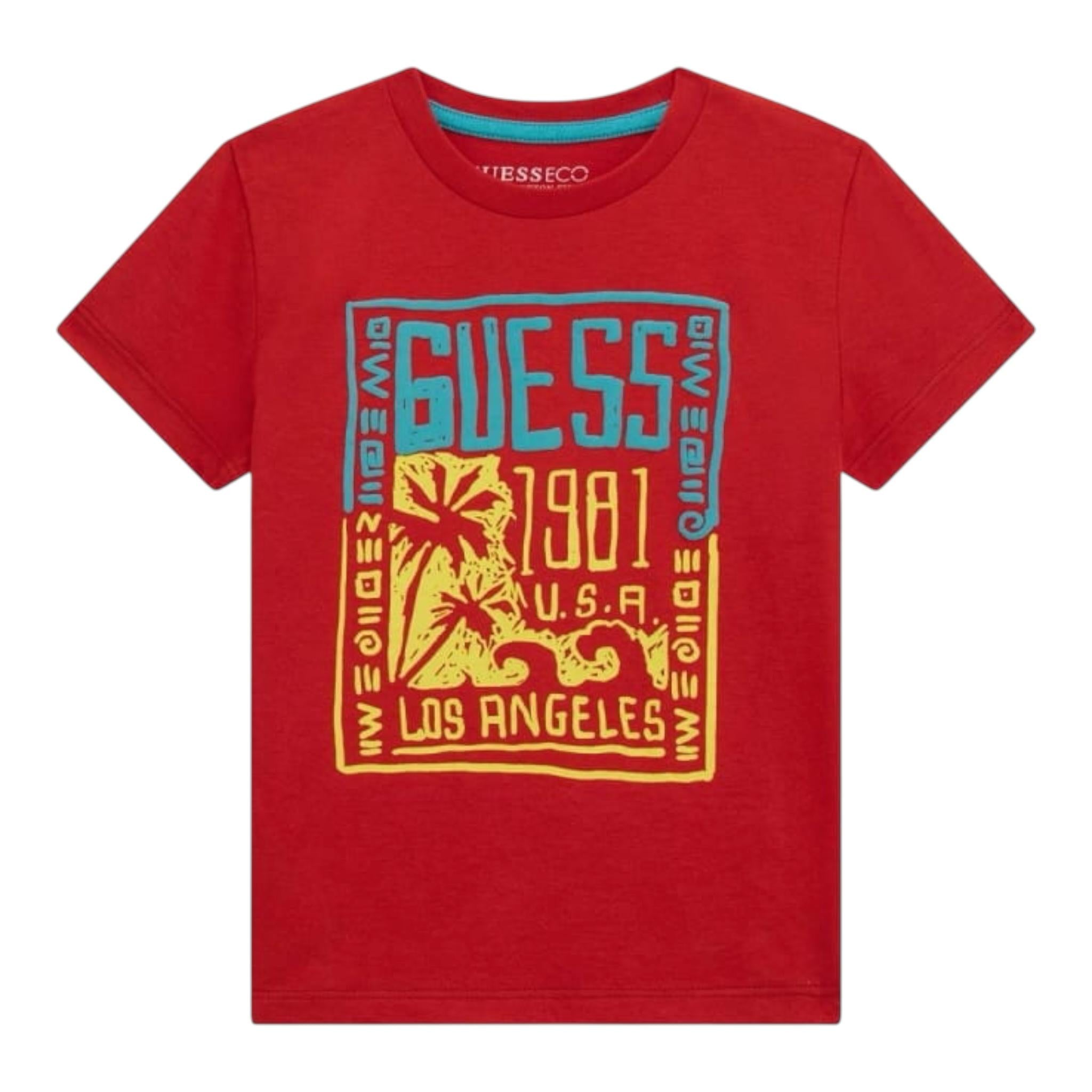 Guess T-Shirt Gircollo Tinta Unita con Stampa per Neonato N5GI16K8HM4X ROSSO GUESS 