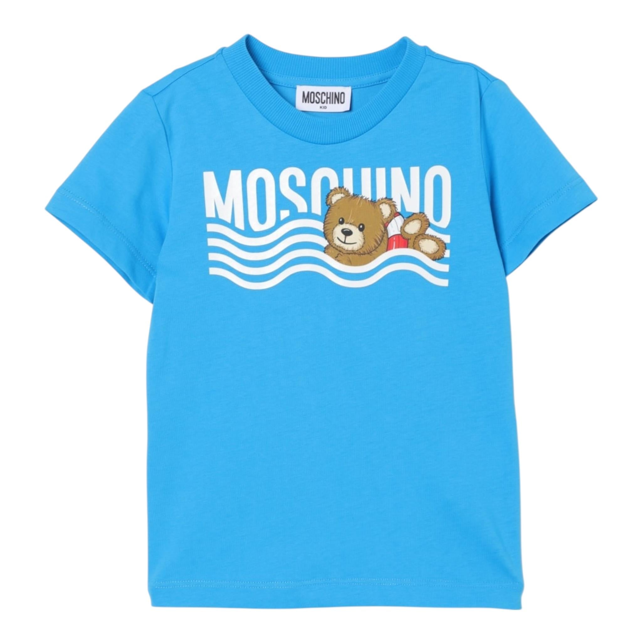 Moschino T-Shirt Girocollo Tinta Unita con Stampa Orso per Neonato MUM04D AZZURRO MOSCHINO 