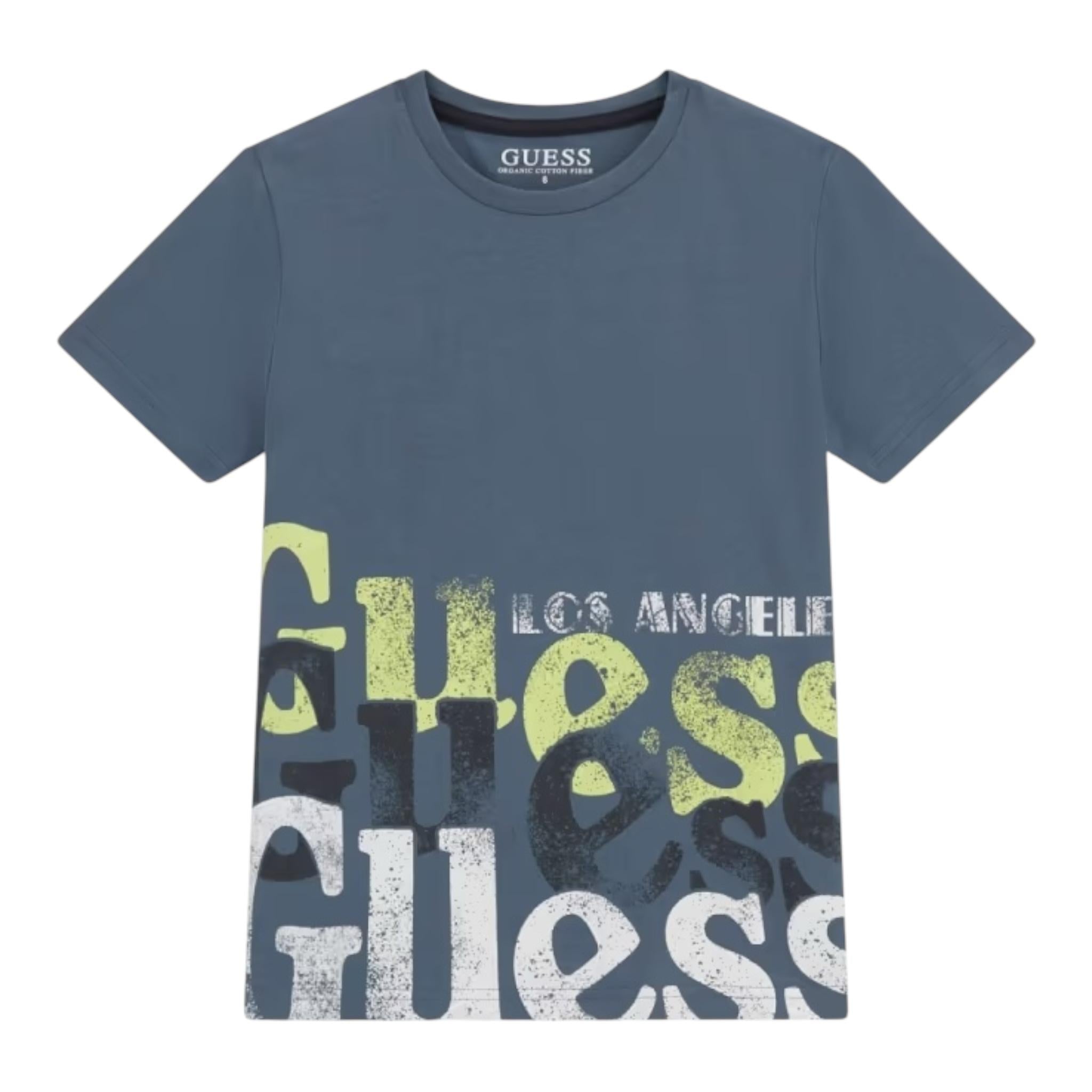 Guess T-Shirt Girocollo Tinta Unita con Stampa per Bambino L5RI12K8HM4 BLU GUESS 