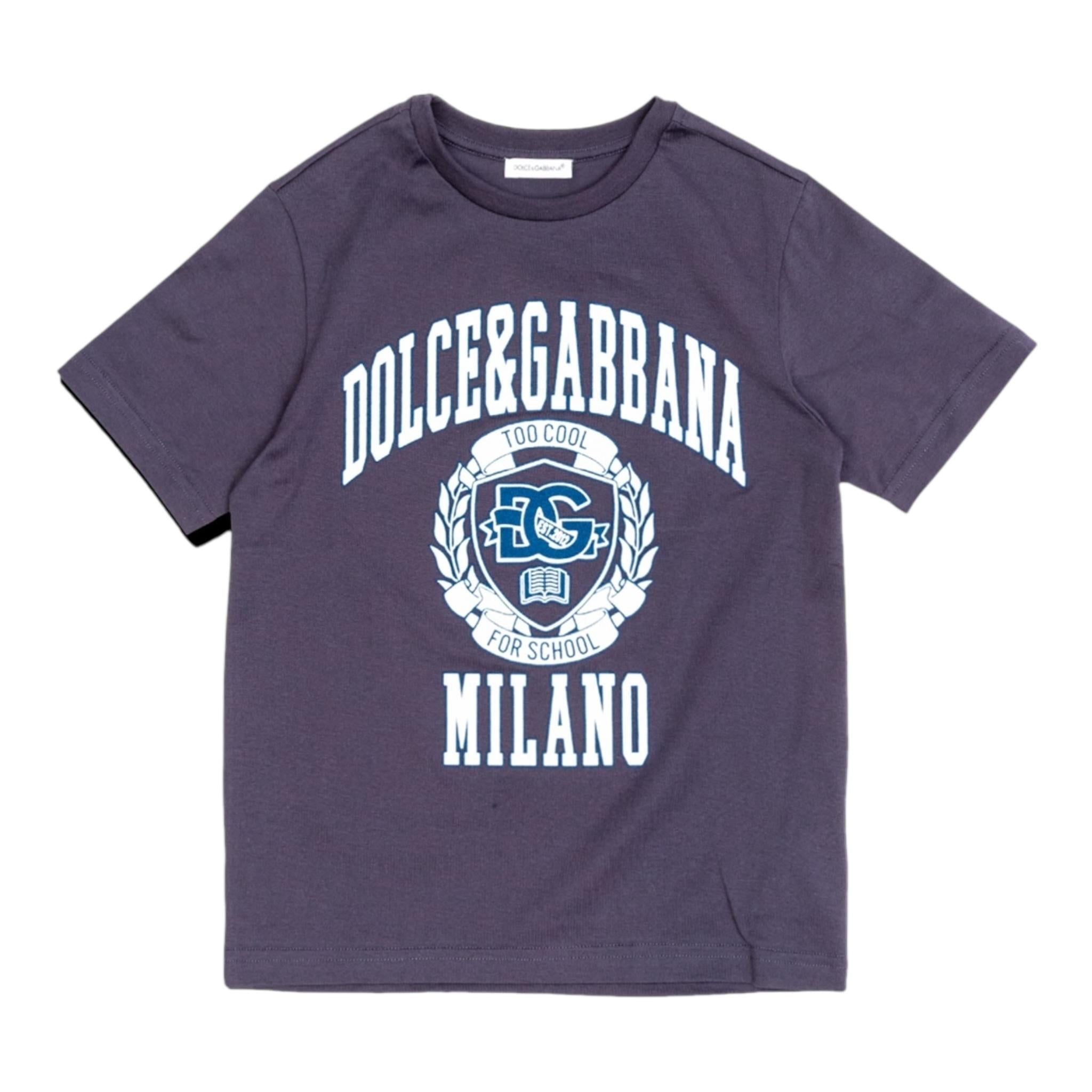 Dolce & Gabbana T-Shirt Girocollo Tinta Unita con Logo per Bambino L4JTHU BLU DOLCE & GABBANA 