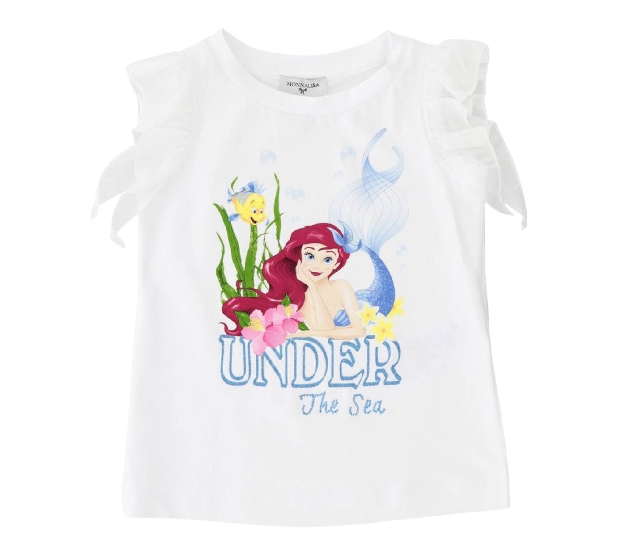 Monnalisa T-Shirt Girocollo Tinta Unita con Stampa Ariel per Bambina 113629PC BIANCO MONNALISA 