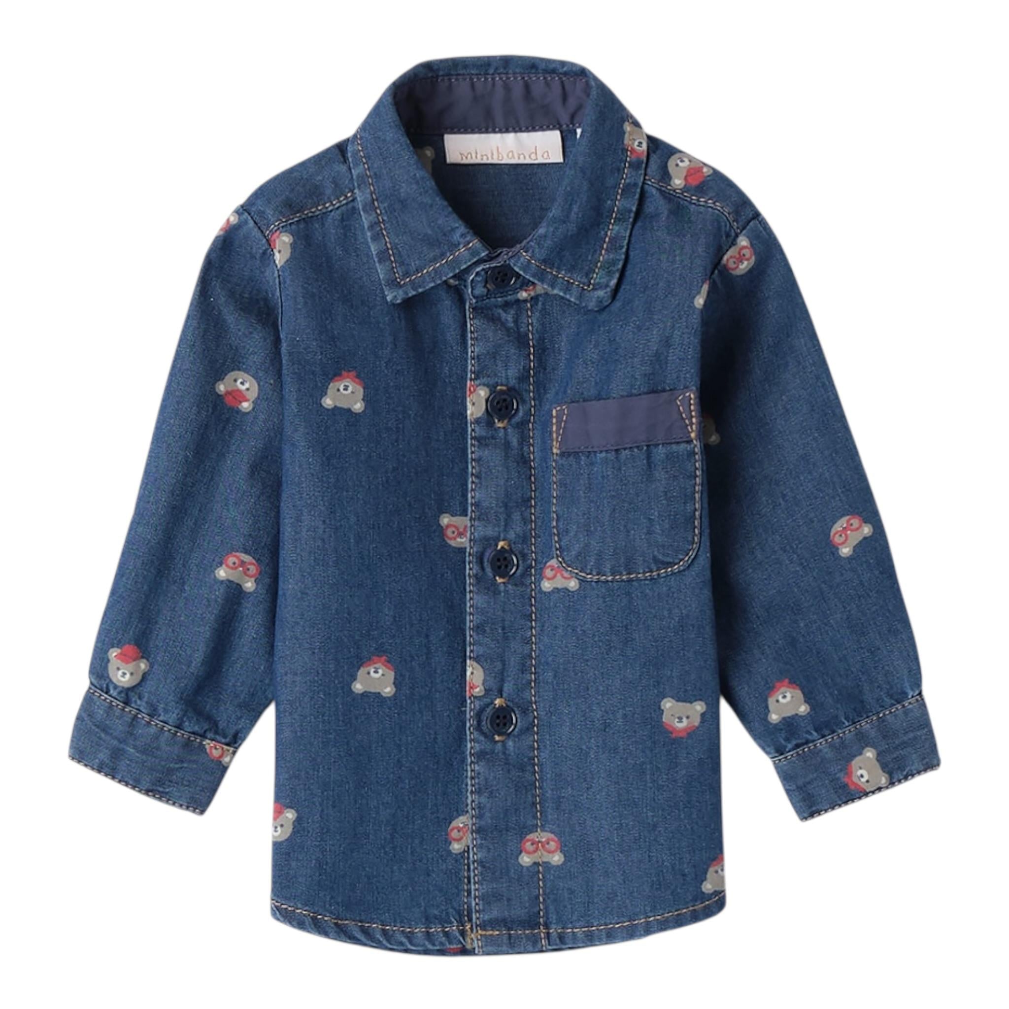 Mini Banda Camicia Manica Lunga tinta unita con Stampa Orsi Blu per Neonato 3B659X BLU MINI BANDA 