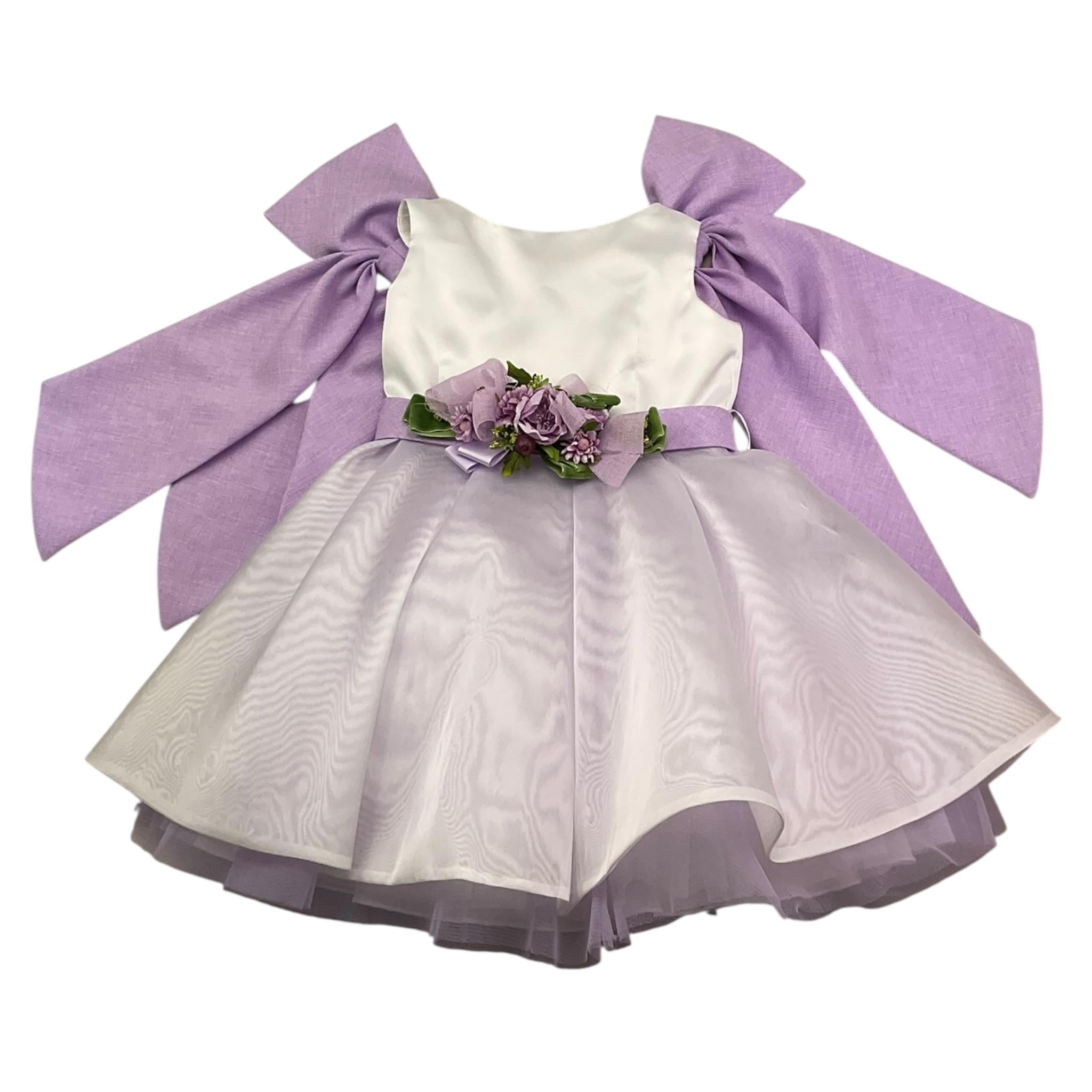 Colori Chiari Abito Giromanica Cerimoniale Bicolore con Fiocchi In Contrasto per Neonata FB107653 LILLA COLORI CHIARI 