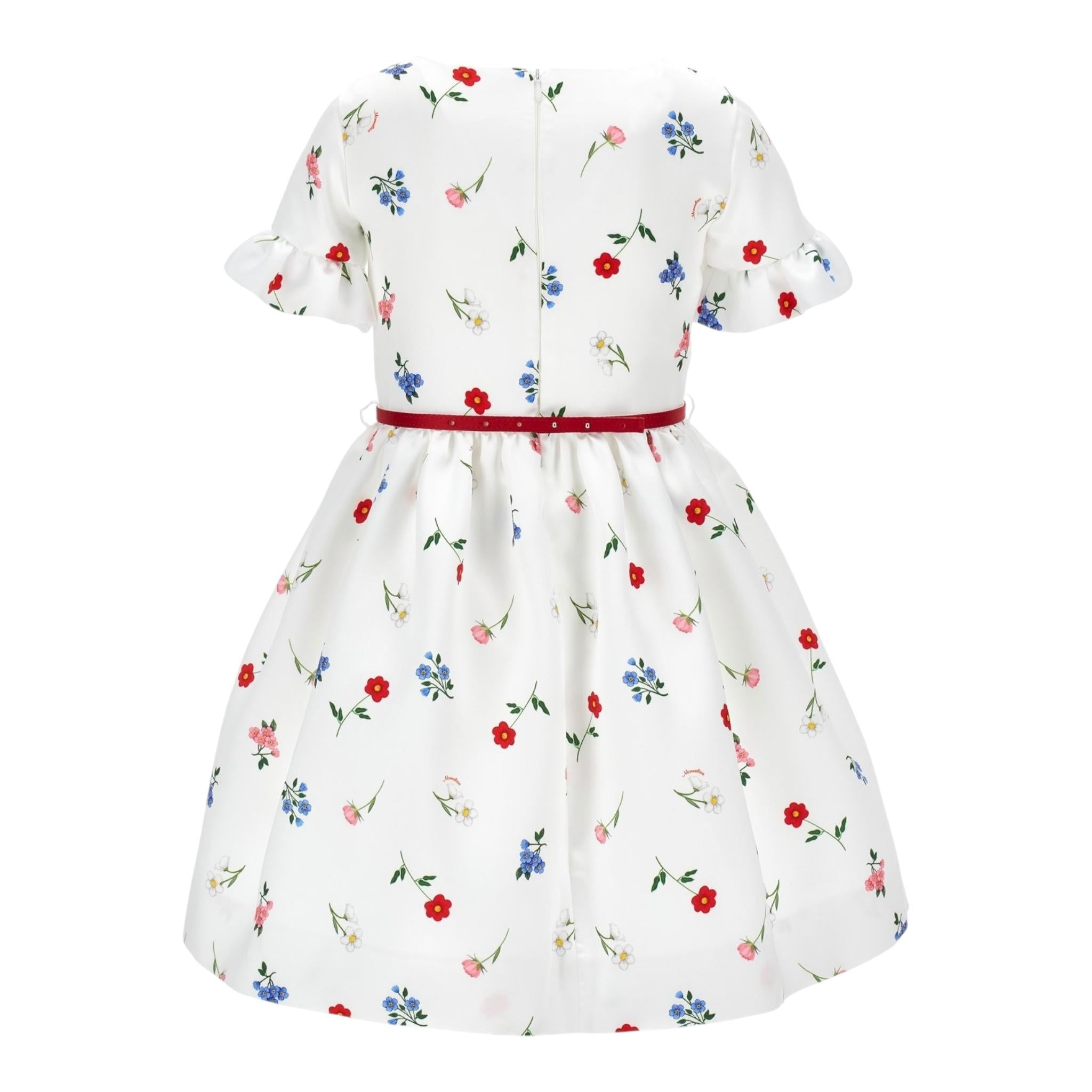 Monnalisa Abito Tinta Unita con Cintura E Fantasia Fiori per Bambina 71E909 BIANCO MONNALISA 
