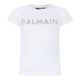 Balmain Einfarbiges T-Shirt mit Rundhalsausschnitt und Glitzer-Print in Weiß für Mädchen