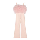 Elisabetta Franchi – Einfarbiger Jumpsuit mit Tüll und rosa Trägern für Mädchen