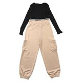 Minimal Complete 2-teiliges zweifarbiges schwarz/beiges Hemd-Hosen-Set für Mädchen