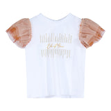 Odi Et Amo Einfarbiges T-Shirt mit Rundhalsausschnitt und weißen Tüllärmeln für Baby-Mädchen