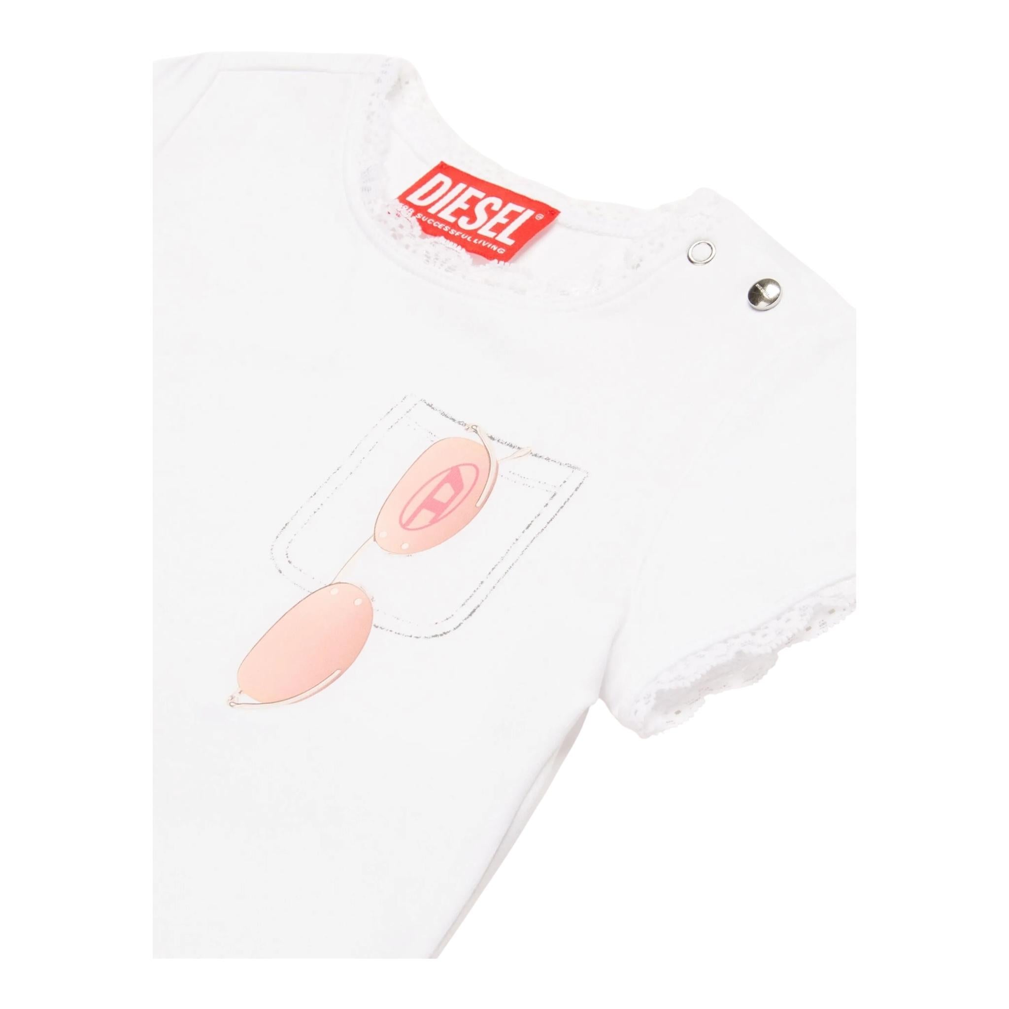 Diesel T-Shirt Girocollo Tinta Unita con Ricami per Neonata K00636N BIANCO DIESEL 