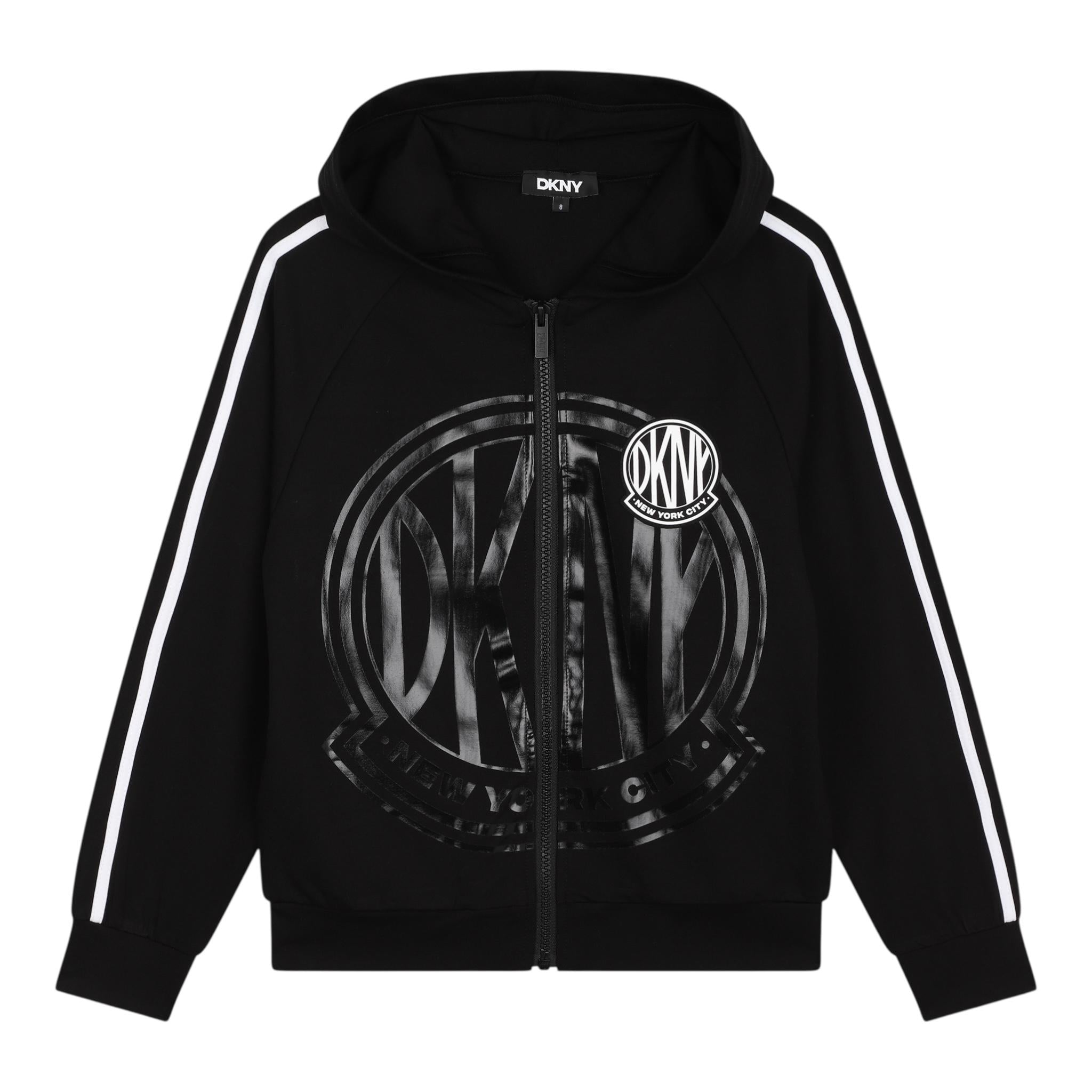DKNY felpa con zip e cappuccio tinta unita con profili maniche in contrasto Nero per Bambino D60180 NERO DKNY 