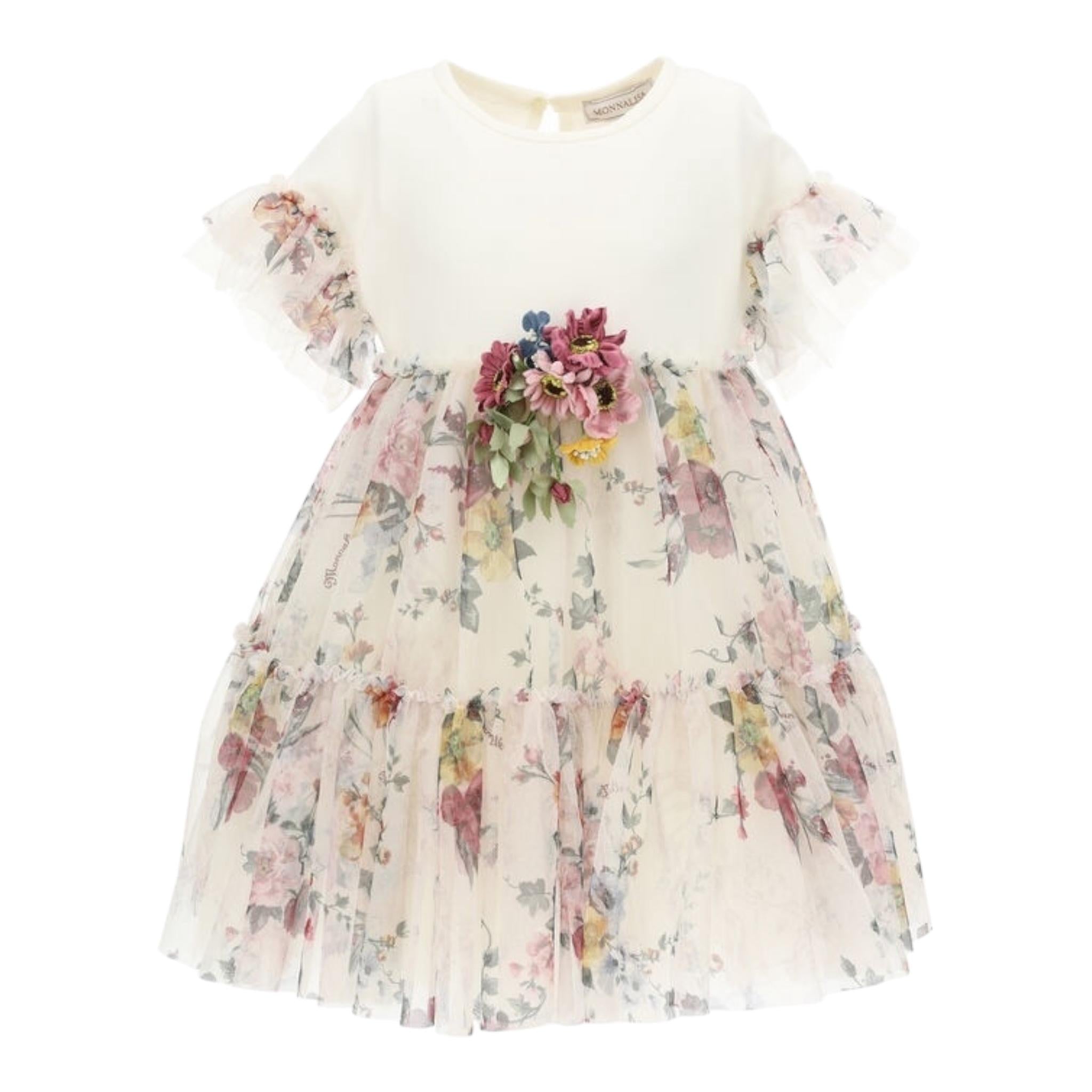 Monnalisa Abito Tinta Unita con Fantasia Fiori E Tulle per Bambina 110903 AVORIO MONNALISA 