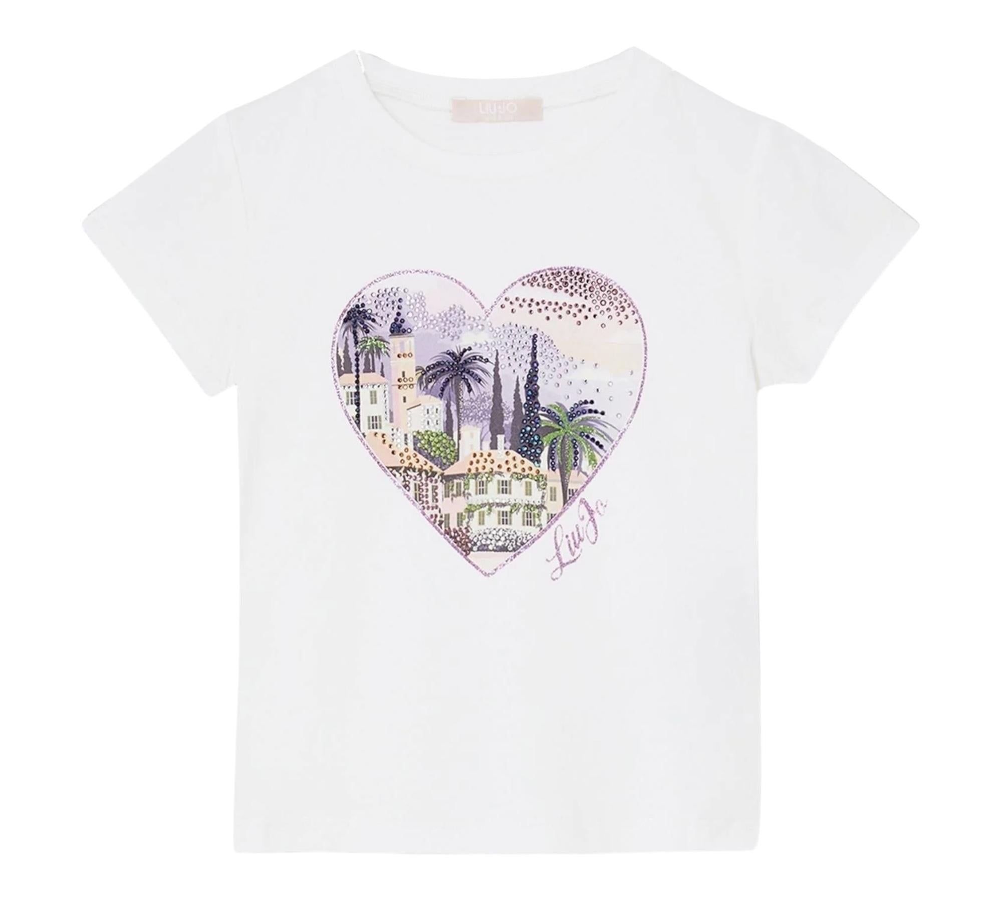 Liu Jo T-Shirt Girocollo Tinta Unita con Stampa E Brillantini per Bambina KA5093X BIANCO LIU JO 
