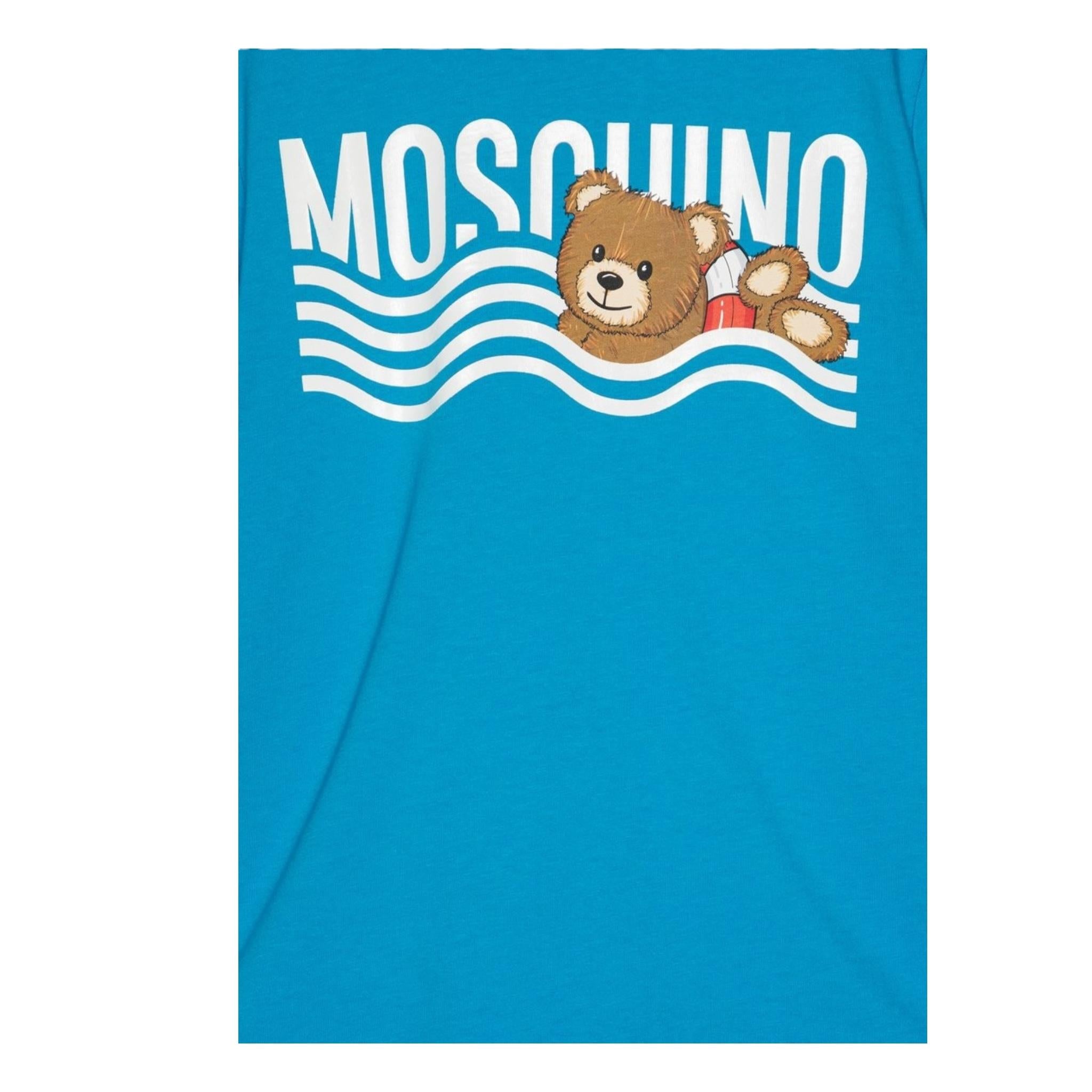 Moschino T-Shirt Girocollo Tinta Unita con Stampa Orso per Neonato MUM04D AZZURRO MOSCHINO 
