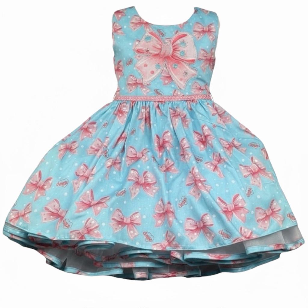 Daga Collection Abito Giromanica Tinta Unita con Stampa Fiocchi per Bambina M10061J AZZURRO DAGA COLLECTION 