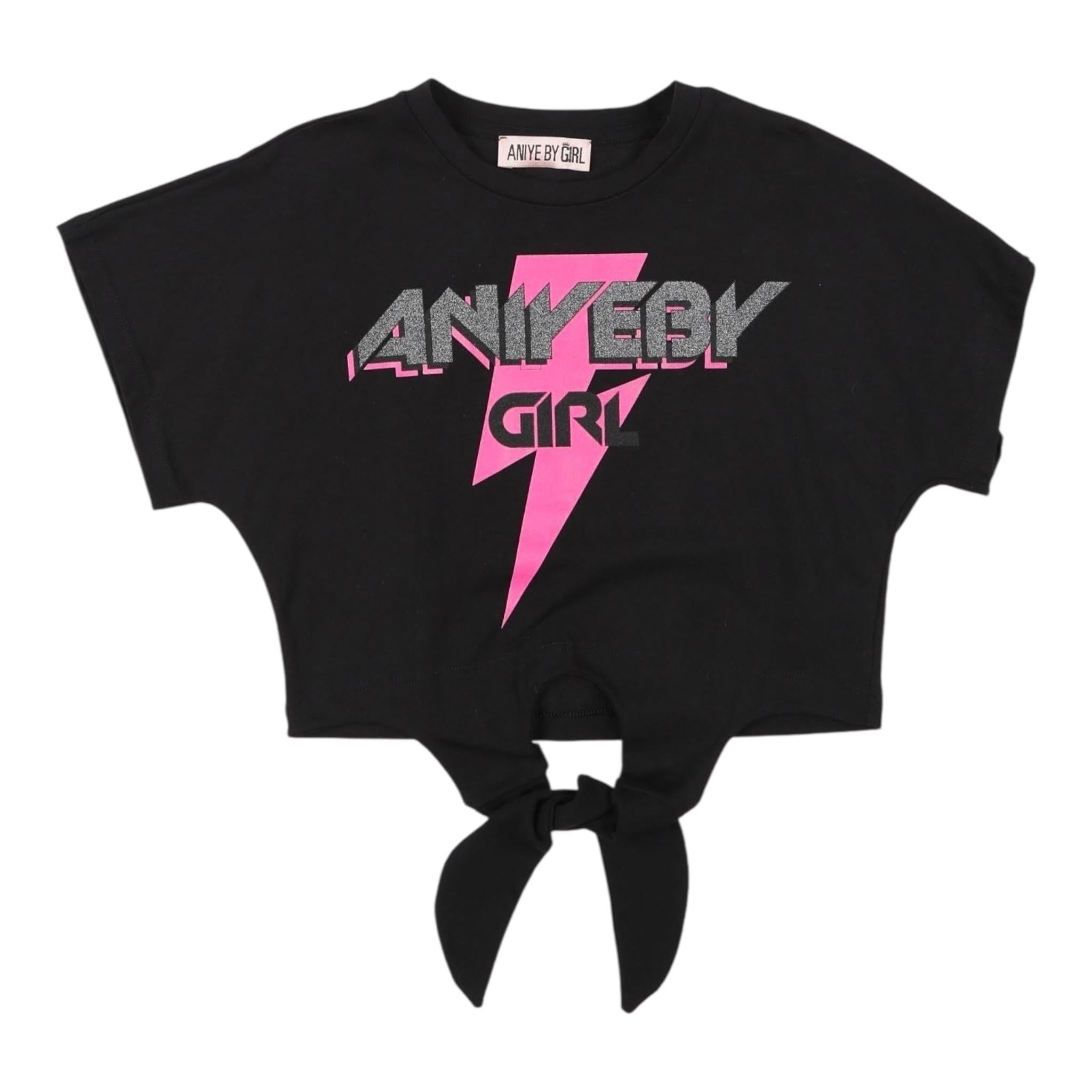 Aniye By Girl T-Shirt Girocollo Crop Tinta Unita con Stampa per Bambina 031193 NERO ANIYE BY GIRL 