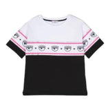 Chiara Ferragni Zweifarbiges Rundhals-T-Shirt mit weiß-schwarzem Aufdruck für Mädchen