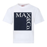 Max&amp;Co. Einfarbiges T-Shirt mit Rundhalsausschnitt und Kontrastdruck in Weiß/Blau für Mädchen