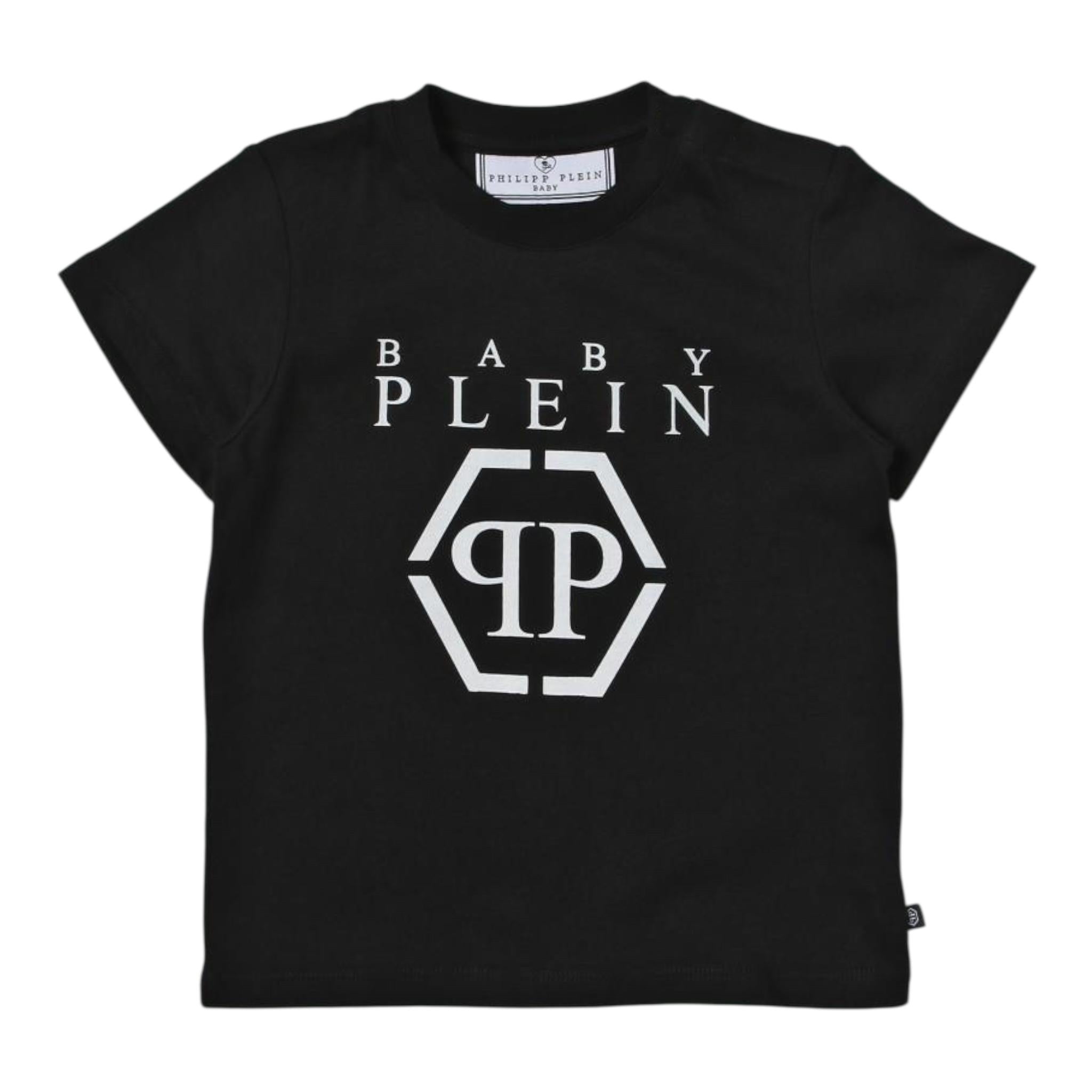 PHILIPPE PLEIN t-shirt girocollo tinta unita con stampa logo Nero per Bambino BTK1265 NERO PHILIPPE PLEIN 