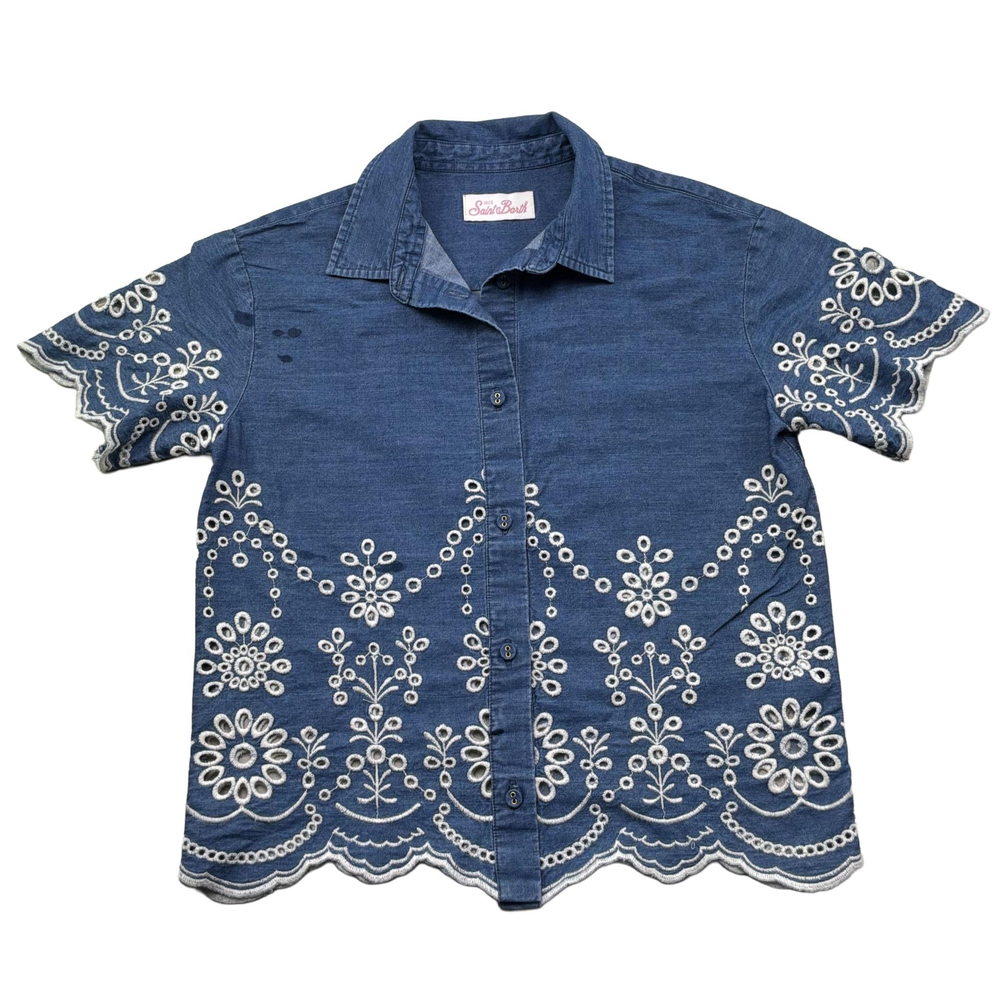 Saint Barth Camicia Mezza Manica Tinta Unita In Pizzo Sangallo per Bambina CLEMENTINE BLU SAINT BARTH 