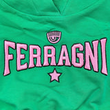 Chiara Ferragni Einfarbiges Kleid mit Kapuze und grünem Logo-Print für Mädchen