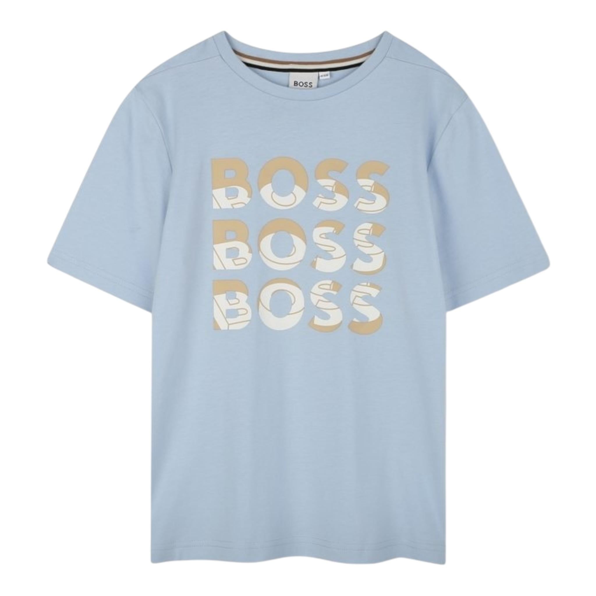 Boss T-Shirt Girocollo Tinta Unita con Stampe per Bambino J52038 AZZURRO BOSS 