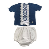 Juliana Complete Zweifarbiges Strick-T-Shirt-Coulotte Blau/Weiß Für Baby Mädchen