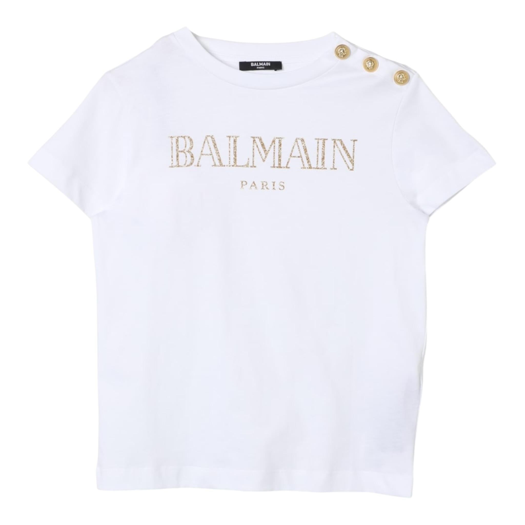 Balmain T-Shirt Girocollo Tinta Unita con Stampa per Bambina BV8B71 BIANCO BALMAIN 