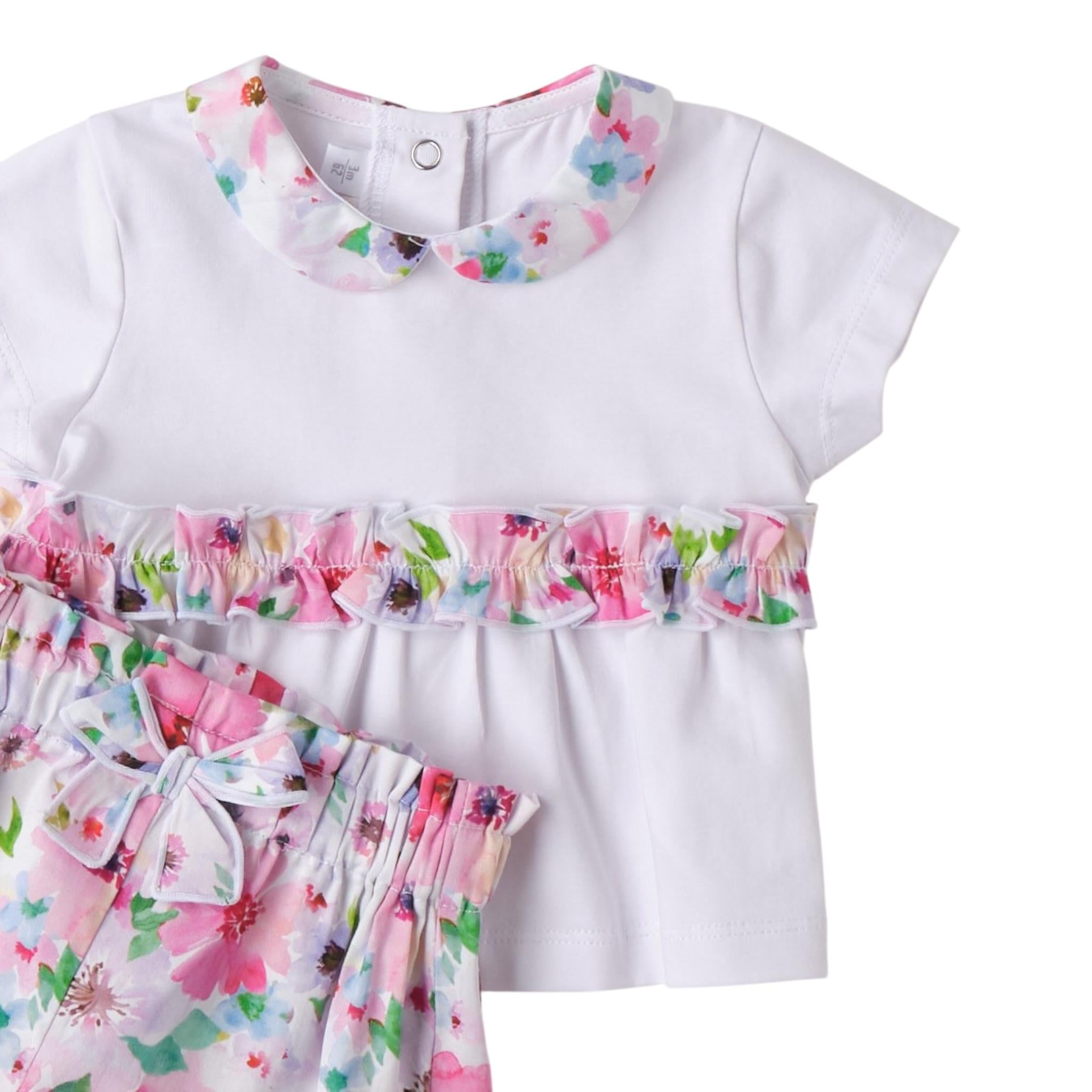 Mini Banda Completo 2 Pezzi Short-T-Shirt tinta unita con Stampa Fiori Bianco per Neonata 3B787X BIANCO MINI BANDA 