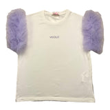 Vicolo Einfarbiges Rundhals-T-Shirt mit Tüllärmeln Creme/Lila für Mädchen