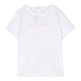 Balmain – Einfarbiges T-Shirt mit Rundhalsausschnitt und weißem Logo-Print für Baby-Mädchen