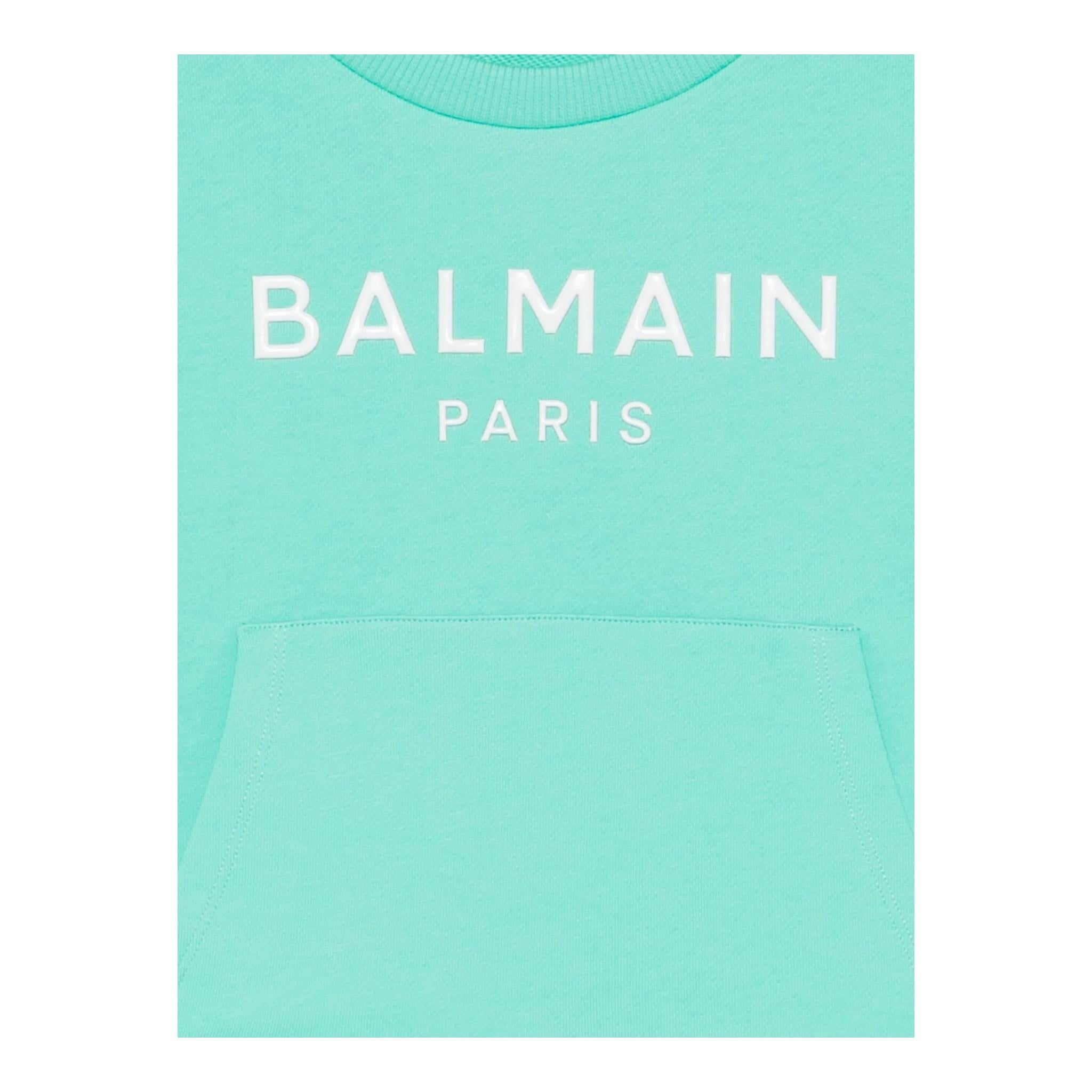 Balmain Felpa Tinta Unita Girocollo con Logo per Bambina BW4A70 VERDE ACQUA BALMAIN 